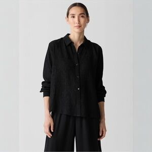 Eileen Fisher Women’s Woven Plissé Classic Collar Shirt Black Size M F4RBC-T5775